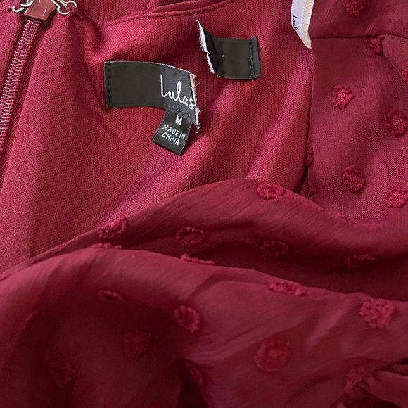 NWOT Lulus Have Harmony Burgundy Swiss Dot Ruffled Faux Wrap Midi Dress Medium - Picture 4 of 8